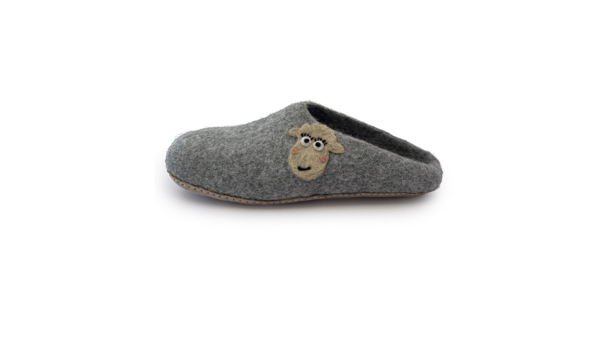 The Love Ewe Hand-Felted Organic Wool Slippers for Women (Blush-DG), handmade in Nepal, feature a charming sheep face detail and are shown on a white background.
