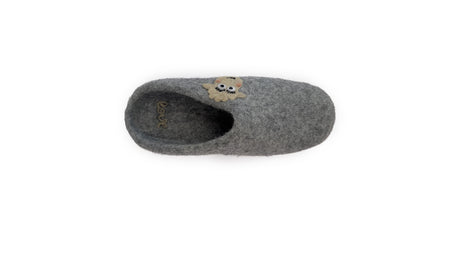 Blush-DG Love Ewe Hand-Felted Organic Wool Slippers for women, handmade in Nepal, feature a small embroidered dog face on top and are shown from above on a white background.