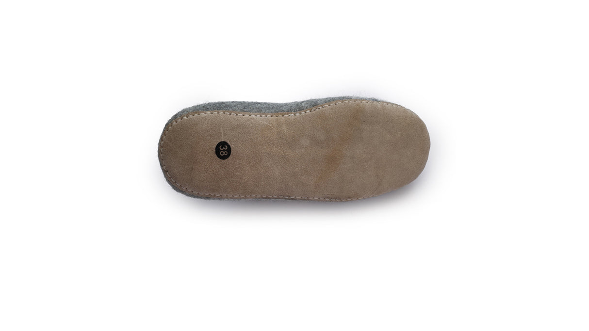 The Love Ewe Hand-Felted Organic Wool Slippers for Women (Blush-DG) are shown from the bottom, displaying their handmade construction in Nepal with a brown suede sole and a size label marked "39".