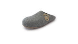 The Love Ewe Hand-Felted Organic Wool Slippers for Women (Blush-DG) feature a handmade smiling sheep face, displayed on a white background.