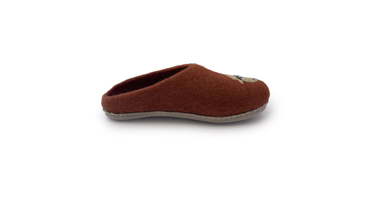 The Love Ewe Hand-Felted Organic Wool Slippers for Women (Blush-OG) are shown from the side on a white background, featuring a brown wool upper and gray sole. These handmade slippers blend comfort with style.