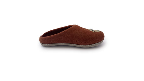 The Love Ewe Hand-Felted Organic Wool Slippers for Women (Blush-OG) are shown from the side on a white background, featuring a brown wool upper and gray sole. These handmade slippers blend comfort with style.