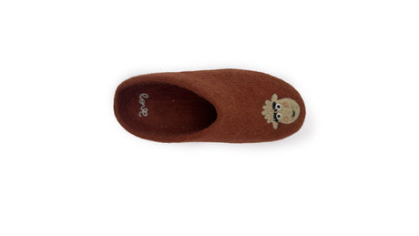 Love Ewe Hand-Felted Organic Wool Slippers for Women (Blush-OG) in brown, featuring a cartoon animal face on the toe, displayed from above on a white background.