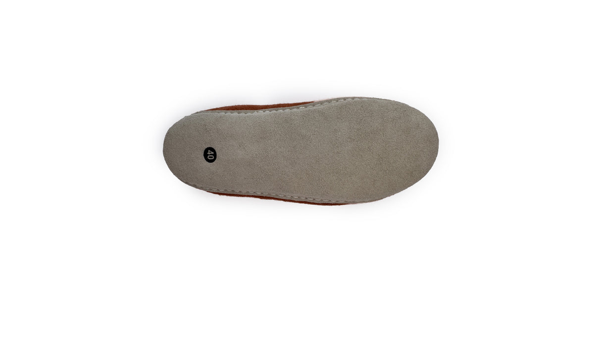 The bottom of a Love Ewe Hand-Felted Organic Wool Slipper for Women (Blush-OG), size 6-12, with a light gray sole, seen from above.