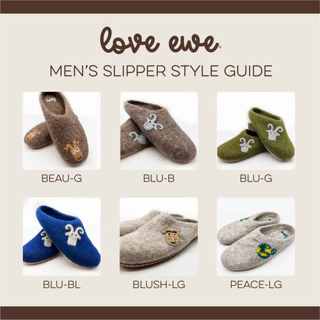 Six pairs of Love Ewe Hand-Felted Organic Wool Slippers for Men (Blu-G), fair trade, handcrafted in Nepal in assorted colors and animal designs, each featuring a unique style code.
