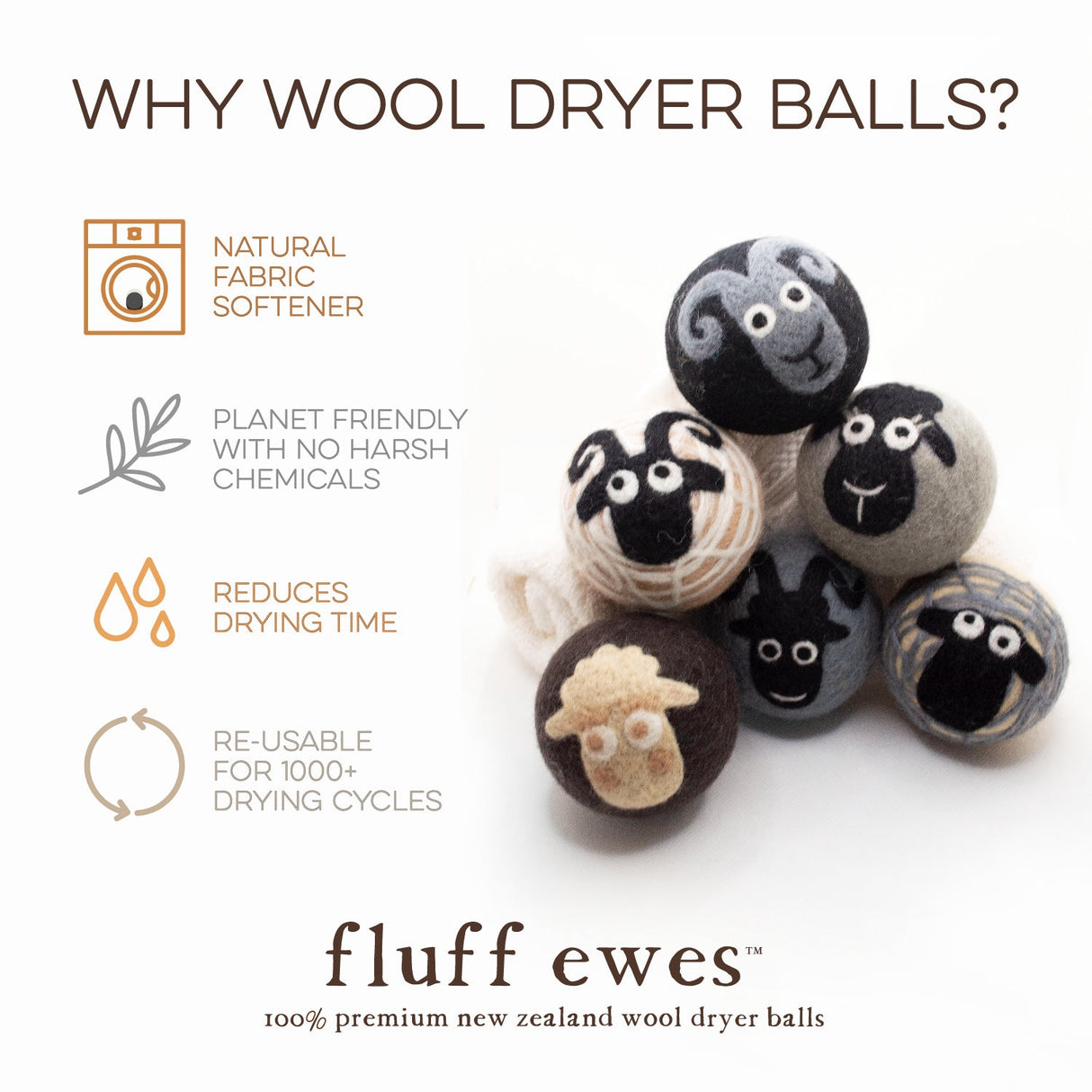 Fluff Ewes 100% Wool Dryer Balls, Premium, Extra Large Reusable & Natural Handmade