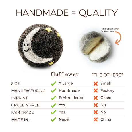 Fluff Ewes "Rain(bow) or Shine" 100% Premium Wool Dryer Balls, 6-pack, Natural Fabric Softener, Eco-Friendly