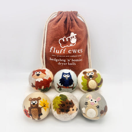 Fluff Ewes "Hedgehog & Homies" Woodland Themed 100% Premium Wool Dryer Balls, 6-pack, Natural Fabric Softener, Eco-Friendly