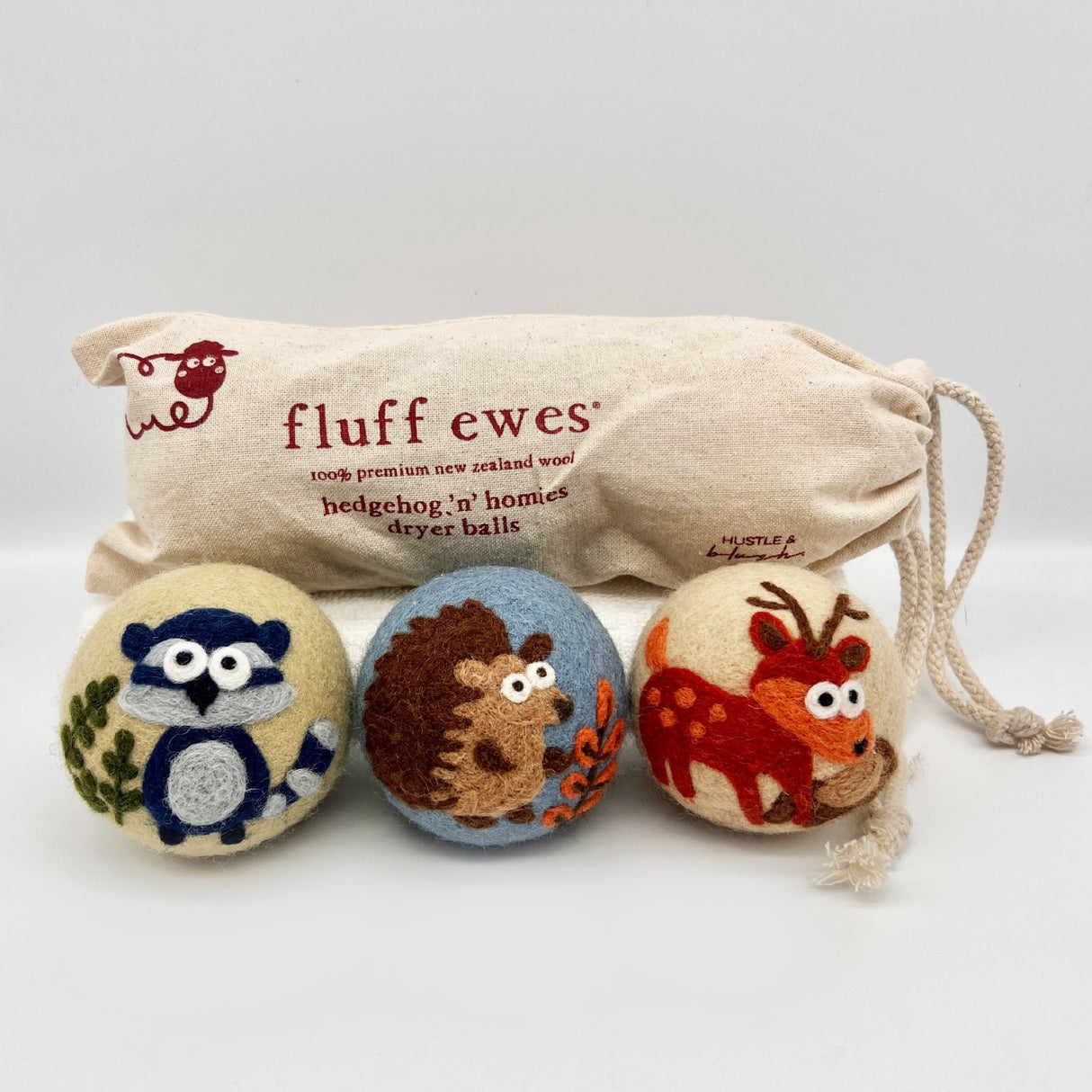 Fluff Ewes "Hedgehog & Homies" Woodland Themed 100% Premium Wool Dryer Balls, 3-pack, Natural Fabric Softener, Eco-Friendly