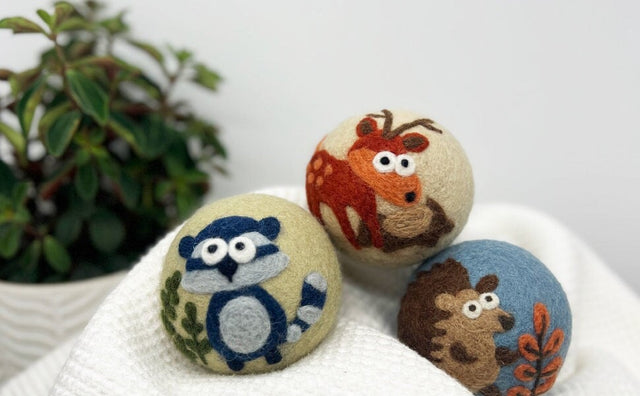 Fluff Ewes "Hedgehog & Homies" Woodland Themed 100% Premium Wool Dryer Balls, 3-pack, Natural Fabric Softener, Eco-Friendly