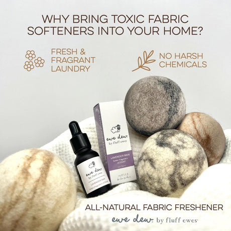 Fluff Ewes "Bag of Marbles" Premium Dryer Balls: a set of 3 dye-free, 100% natural marbleized sheep’s wool balls with packaging that promotes eco-friendly, chemical-free laundry care.