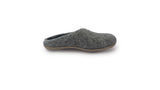 A single Love Ewe Hand-Felted Organic Wool Slipper for Women (Peace-DG) in gray with a brown sole, handmade in Nepal, is shown from the side against a white background.