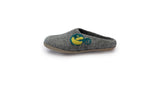 The Love Ewe Hand-Felted Organic Wool Slippers for Women (Peace-DG) feature a yellow and green Earth and peace sign on gray, handmade in Nepal from fair trade organic wool.