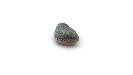 A single Love Ewe Hand-Felted Organic Wool Slippers for Women (Peace-DG), crafted from gray wool and suede, is shown from the front on a white background.