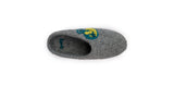 The Love Ewe Hand-Felted Organic Wool Slippers for Women (Peace-DG) are gray, feature blue and yellow embroidery, and are handmade in Nepal, shown from above on a white background.