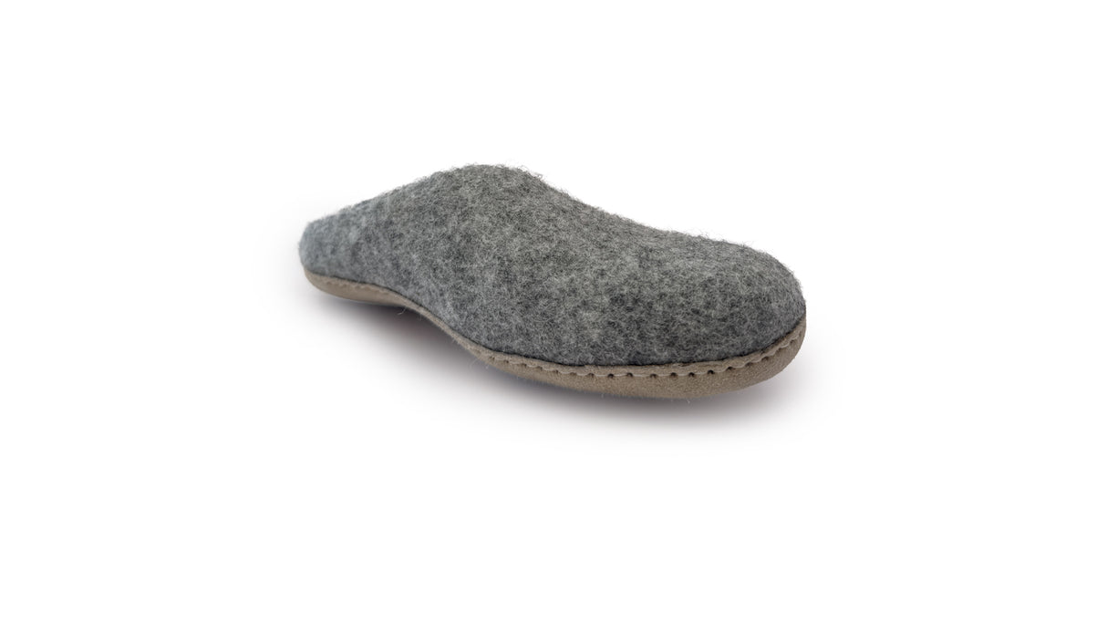 A single Love Ewe Hand-Felted Organic Wool Slipper for women (Peace-DG) in gray with a beige sole, handmade in Nepal, is shown on a white background.