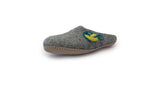 The Love Ewe Hand-Felted Organic Wool Slippers for Women (Peace-DG) are gray, handmade in Nepal, and display a yellow and green moon and star design, shown from the side on a white background.