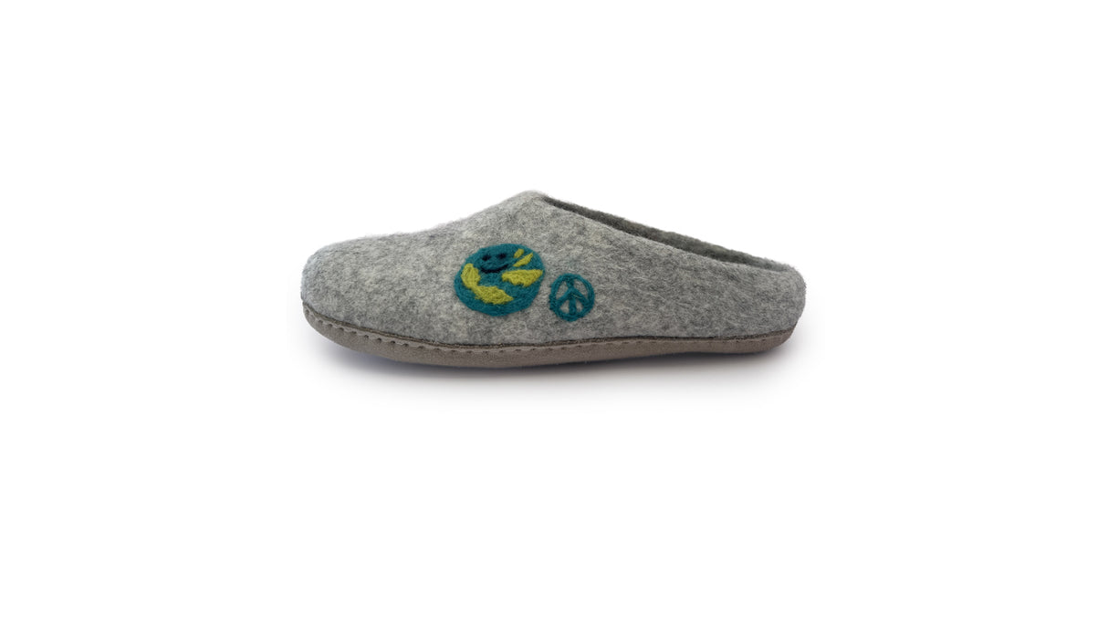 The Love Ewe Hand-Felted Organic Wool Slippers for Women (Peace-LG) are gray felt slippers crafted from organic New Zealand wool, featuring a smiling Earth and peace symbol embroidered on the side.