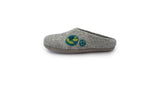 The Love Ewe Hand-Felted Organic Wool Slippers for Women (Peace-LG) are gray felt slippers crafted from organic New Zealand wool, featuring a smiling Earth and peace symbol embroidered on the side.