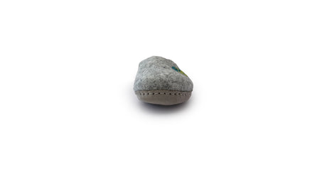 A pair of Love Ewe Hand-Felted Organic Wool Slippers for Women (Peace-LG), gray and oval-shaped, made from organic New Zealand wool, shown from the front on a white background.