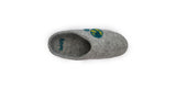 A single gray Love Ewe Hand-Felted Organic Wool Slipper for Women (Peace-LG), viewed from above, showcases a blue and green design near the toe and is crafted from organic New Zealand wool.