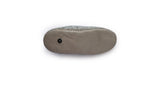 The sole of a gray Love Ewe Hand-Felted Organic Wool Slipper for Women (Peace-LG), featuring a soft, suede-like finish crafted from organic New Zealand wool, is shown against a white background.
