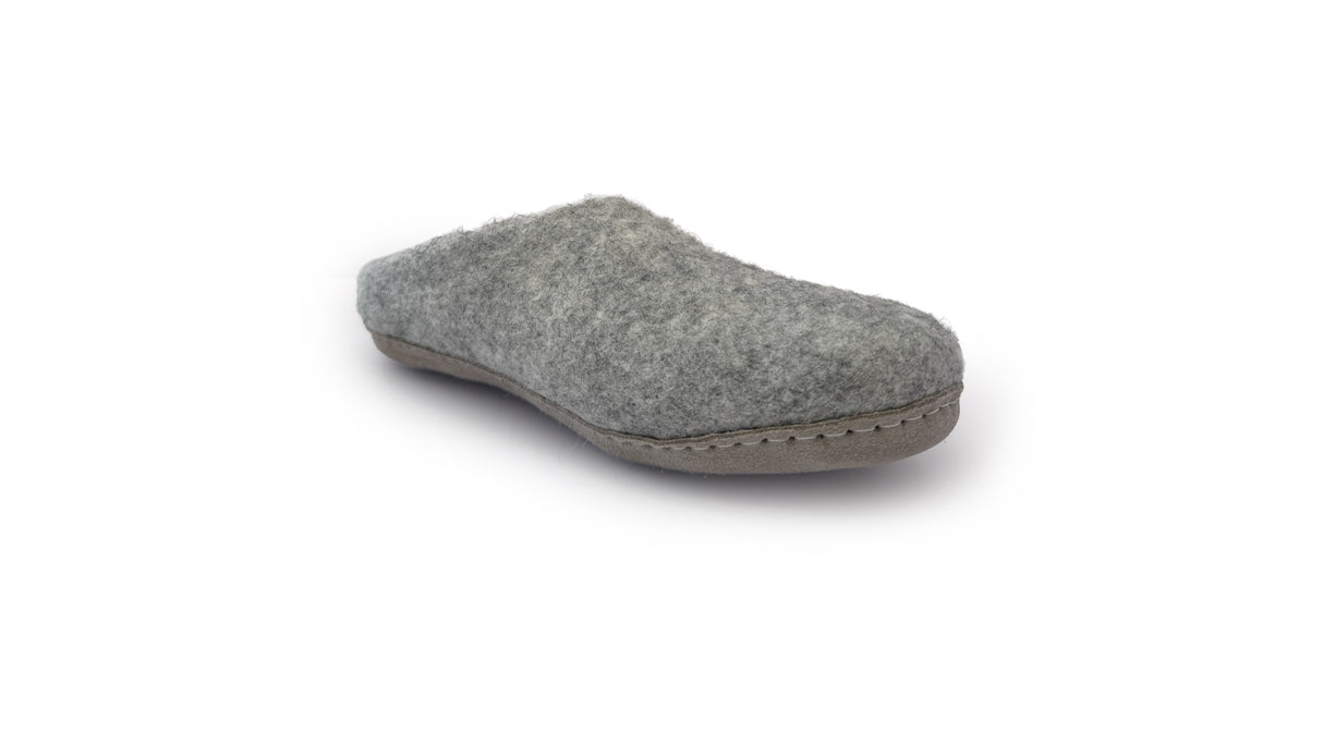 The Love Ewe Hand-Felted Organic Wool Slipper for Women (Peace-LG) is a single gray slipper with a brown sole, handmade in Nepal and displayed on a white background.