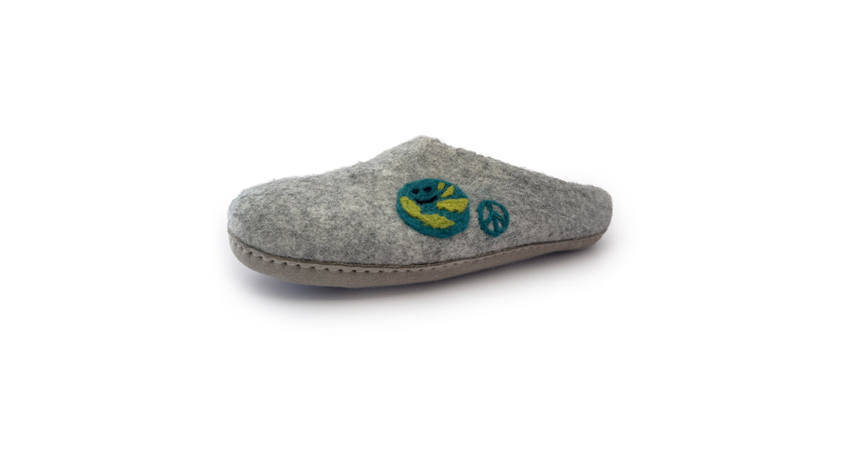 A gray Love Ewe Hand-Felted Organic Wool Slipper for women (Peace-LG), handmade with wool, features a green and blue fish and a peace symbol embroidered on the side.