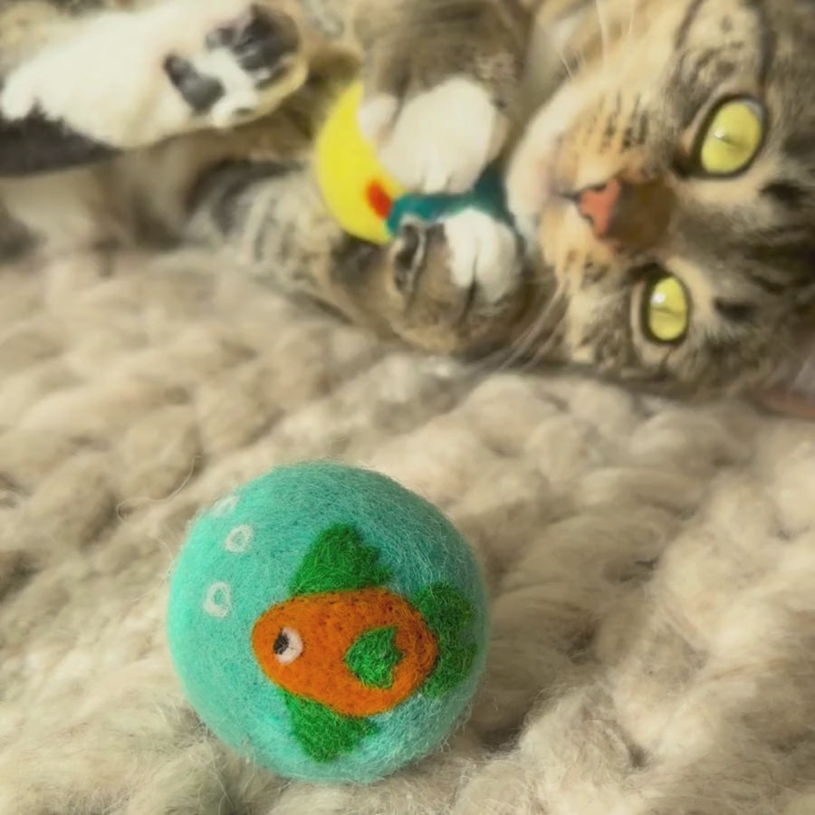 Love Ewe Handmade Felt Pet Toys for Cats, Kittens, Dogs, Small Pets: Planet Friendly, Natural Dye, 3-Pack, By Sea or Sky
