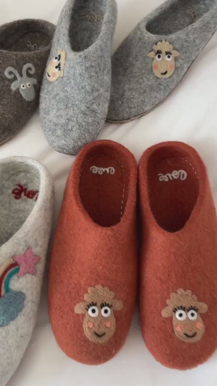 Love Ewe hand-felted organic wool slippers for women or men; Hand-needled, unique designs; Suede sole