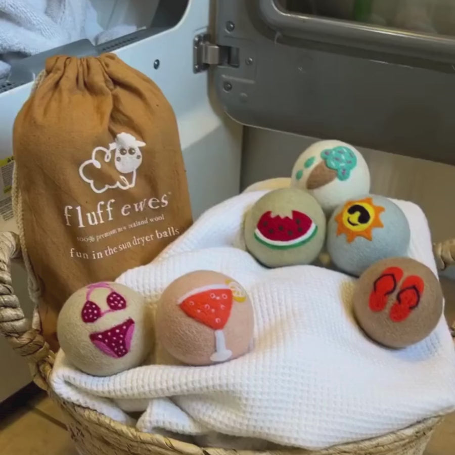 Fluff Ewes "Fun in the Sun" Premium Wool Dryer Balls: 6 Pack, Natural Fabric Softener, Eco-friendly - dryer balls
