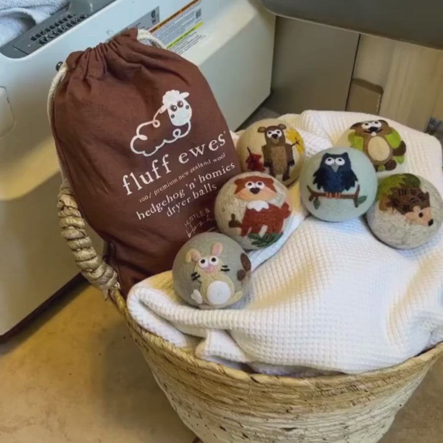 Fluff Ewes "Hedgehog & Homies" Woodland Themed 100% Premium Wool Dryer Balls, 6-pack, Natural Fabric Softener, Eco-Friendly - dryer balls