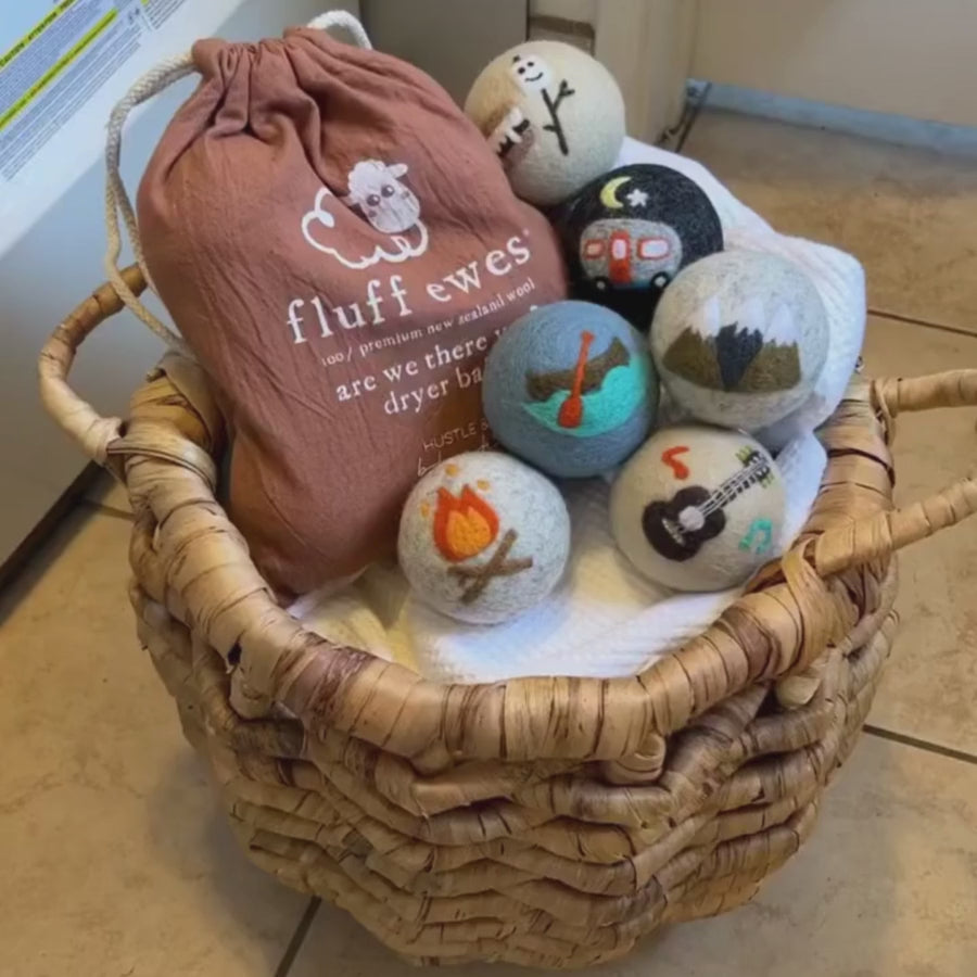 Fluff Ewes "Are we there yet?" Premium Wool Dryer Balls: 6 Pack, Natural Fabric Softener, Eco-friendly - Are we there yet? dryer balls