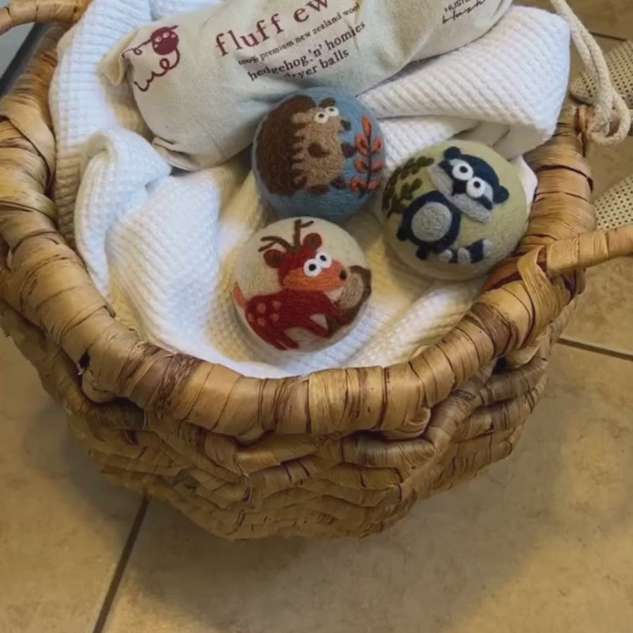 Fluff Ewes "Hedgehog & Homies" Woodland Themed 100% Premium Wool Dryer Balls, 3-pack, Natural Fabric Softener, Eco-Friendly - dryer balls