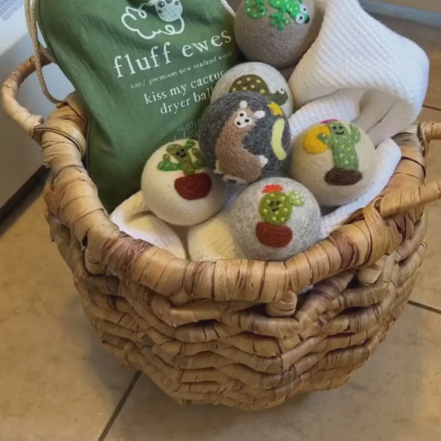 NEW!  Fluff Ewes "Kiss my Cactus" premium wool dryer balls, set of 6, Natural Fabric Softener, Wrinkle Reducer, Eco-friendly - Cactus Dryer Balls