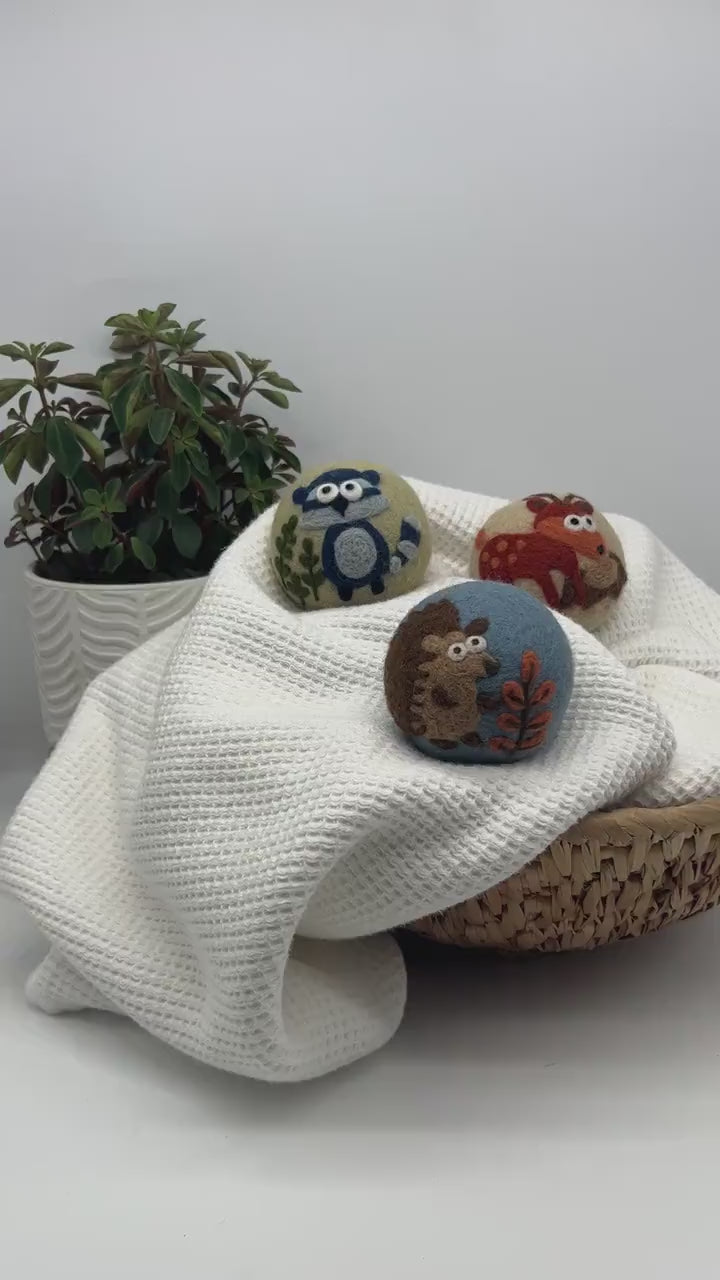 Fluff Ewes "Hedgehog & Homies" Woodland Themed 100% Premium Wool Dryer Balls, 3-pack, Natural Fabric Softener, Eco-Friendly