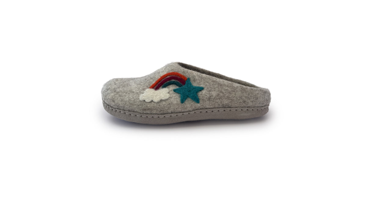 Love Ewe Hand-Felted Organic Wool Slippers for Women (Rainbow-Bright) feature gray felt with handmade wool appliqués of a rainbow, cloud, and blue star on the side.