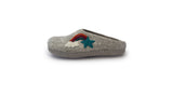 Love Ewe Hand-Felted Organic Wool Slippers for Women (Rainbow-Bright) feature gray felt with handmade wool appliqués of a rainbow, cloud, and blue star on the side.