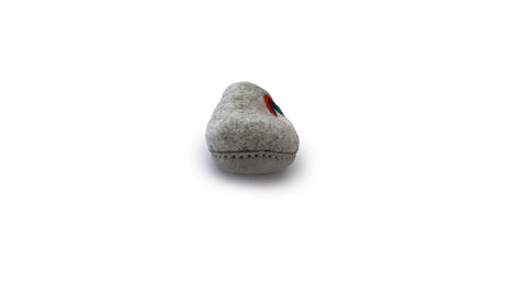 A pair of Love Ewe Hand-Felted Organic Wool Slippers for Women (Rainbow-Bright), shown from the front with a stitched sole, against a white background.