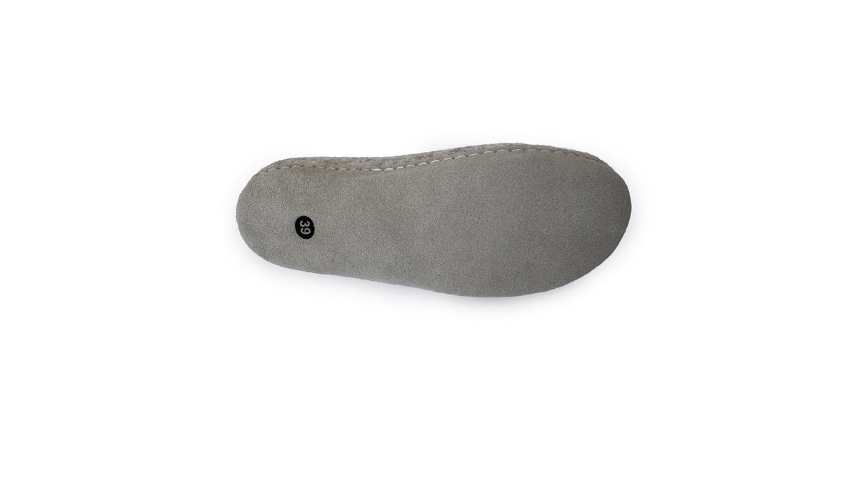Gray suede sole with visible stitching and size "39" label, featured on a white background. Love Ewe Hand-Felted Organic Wool Slippers for Women (Rainbow-Bright) blend comfort and style in every fair trade, handmade step.