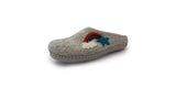 Love Ewe Hand-Felted Organic Wool Slippers for Women (Rainbow-Bright) feature felt rainbow, cloud, and star accents, shown on a white background.