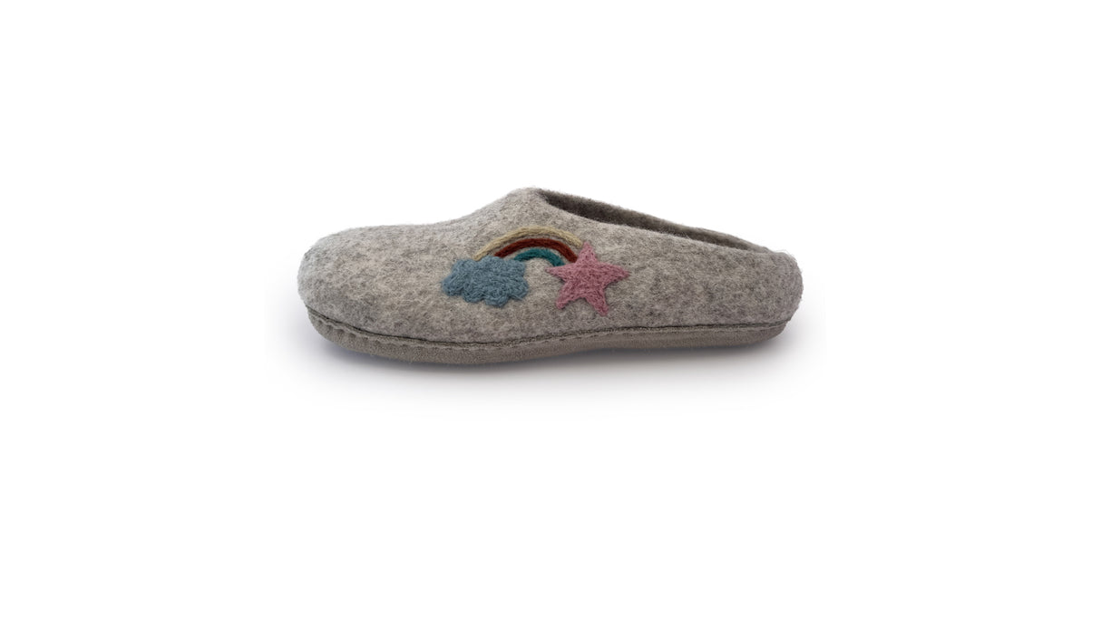 Love Ewe Hand-Felted Organic Wool Slippers for Women (Rainbow-Light), handmade in Nepal, feature gray wool with an embroidered blue cloud, pink star, and rainbow on the side, shown on a white background.
