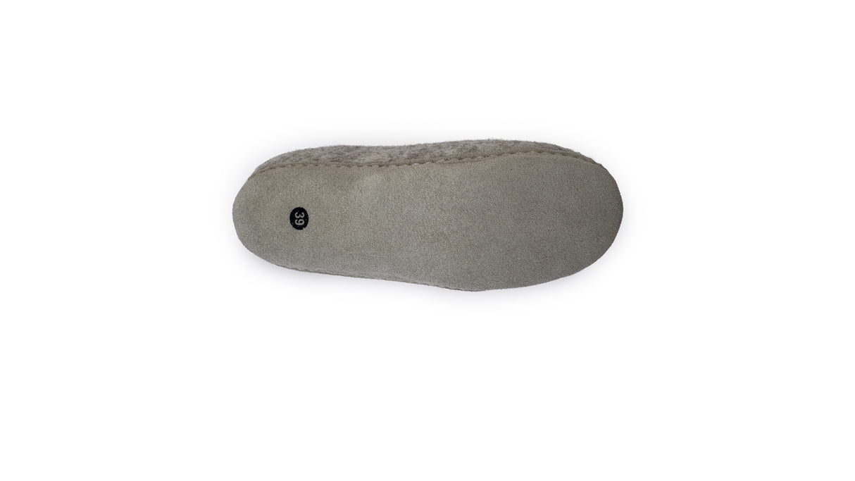 The bottom view of a Love Ewe Hand-Felted Organic Wool Slipper for Women (Rainbow-Light) in gray, handmade in Nepal, with a size "39" label near the heel.