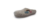Love Ewe Hand-Felted Organic Wool Slippers for Women (Rainbow-Light) feature gray wool with rainbow, cloud, and star appliqué, handmade in Nepal. Shown on a white background.