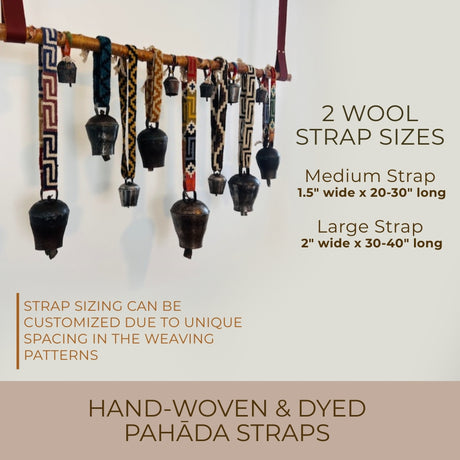 Vintage Handmade Pahāḍa Yak, Goat & Sheep's Bells from the Himalayan Mountains of Nepal and Tibet hang from hand-woven wool straps; available in two sizes for decor or sound bath.