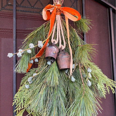 Vintage Handmade Pahāḍa Yak, Goat & Sheep's Bell from Nepal and Tibet—an 11" Christmas ornament or wreath decor featuring festive Himalayan craftsmanship and beautiful sound.