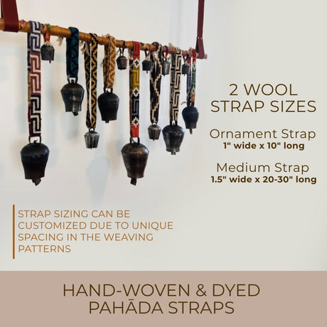 Vintage Handmade Pahāḍa Yak, Goat & Sheep's Bells from the Himalayas hang on a rack; text highlights their use as Christmas ornaments, wreath decor, or for sound baths with 3" bells.