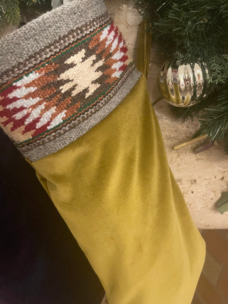 Svitlo (Light) XL Handwoven Carpathian Wool & Cider Colored Italian Velvet Stocking