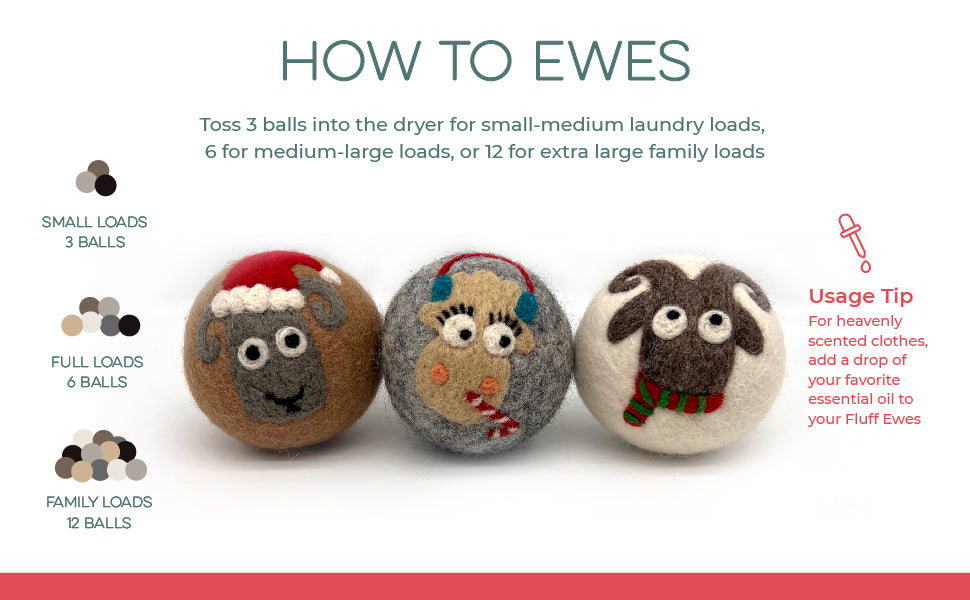 Fluff Ewes Holiday Edition, "Sheep in Heavenly Peace" Premium Wool Dryer Balls for Laundry:  3 Pack