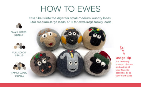 The Fluff Ewes Premium XL Dryer Balls "Sheep in Heavenly Peace" 6 Pack, Holiday Limited Edition, includes six eco-friendly sheep-faced balls with laundry tips—your ideal natural fabric softener for a greener laundry routine.